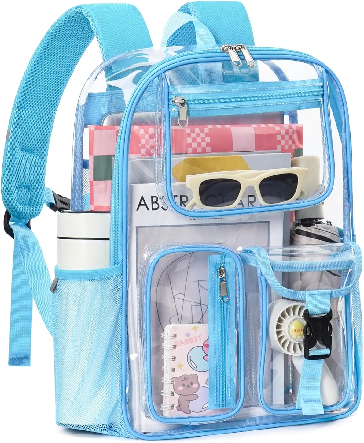 Heavy Duty Clear Backpack For School, 17 Inch Large Clear Bookbag For Kids Boys Girls Women Men, 360° 3M Reflective Strips See Through Backpack, Multi-Pockets Tranparent Bag, Light Blue