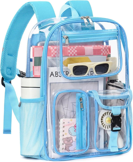 Heavy Duty Clear Backpack For School, 17 Inch Large Clear Bookbag For Kids Boys Girls Women Men, 360° 3M Reflective Strips See Through Backpack, Multi-Pockets Tranparent Bag, Light Blue