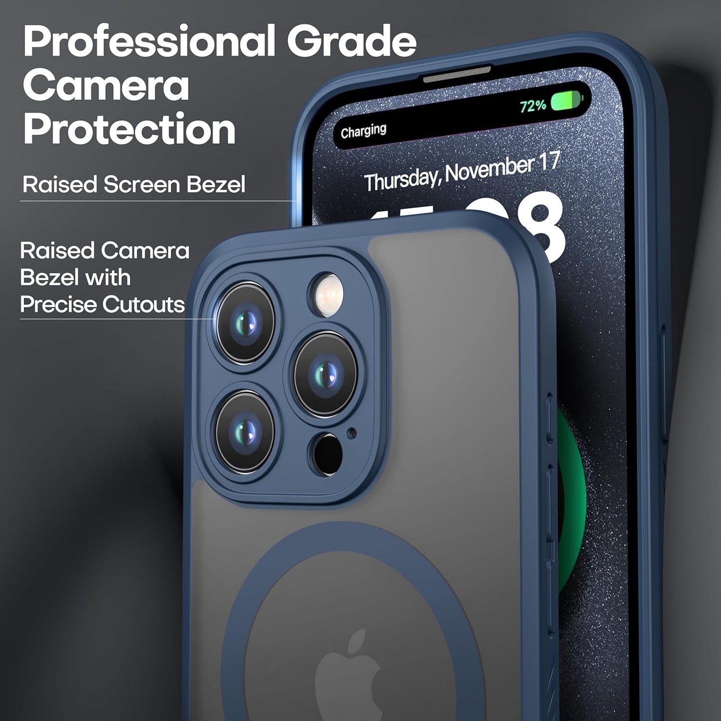 CellEver Strong Magnetic for iPhone 15 Pro Max Case [Camera Protection] [Military Grade Drop Tested] [Compatible with MagSafe] Slim Translucent Matte Phone Case (6.7") - Navy Blue