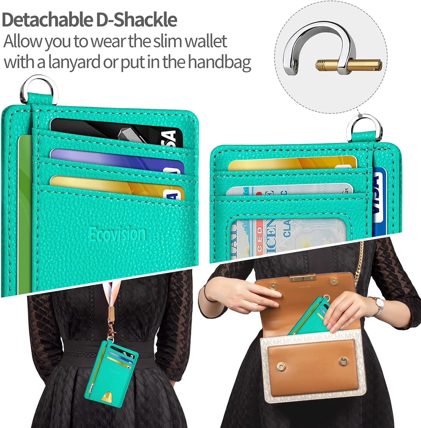 EcoVision Slim Minimalist Front Pocket Wallet, RFID Blocking Credit Card Holder Wallet with Detachable D-Shackle for Men Women