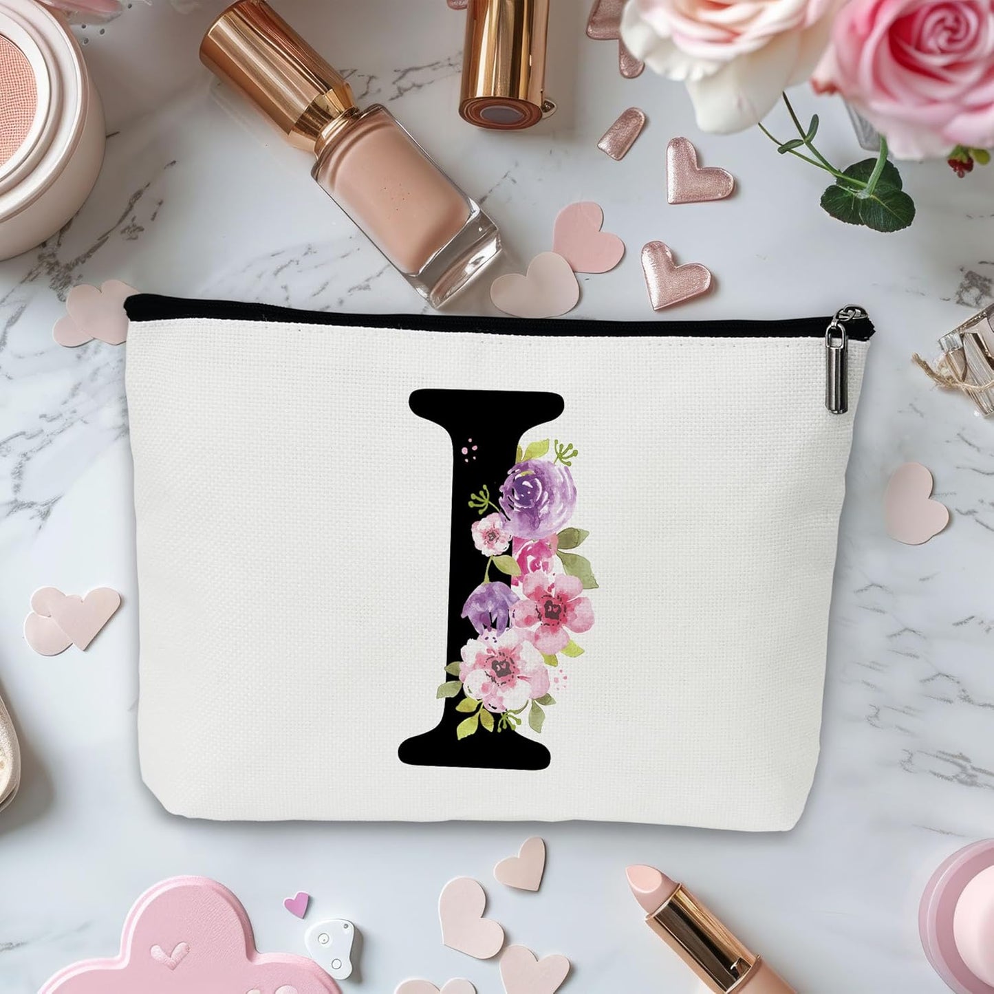 Personalized Letter I Makeup Bag for Women, Birthday Gifts for Mom, Small Zipper Pouch for Purse, Christmas Bridesmaid Friendship Gifts for Sister Daughter, Girls Weekend Gifts for Women-A09