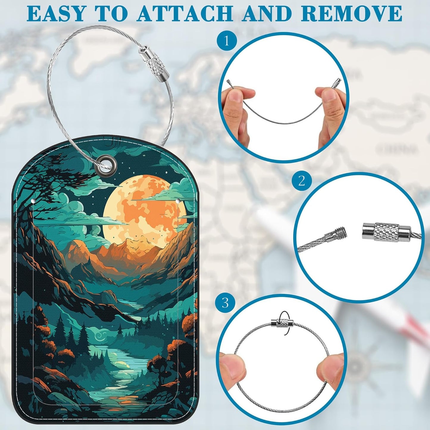 2 PCS Leather Luggage Tag for Suitcase Colorful Sky and Moon Travel Suitcase Labels with Privacy Name ID Label and Stainless Steel Loop for Adults Teens Travel Bag Labels Set