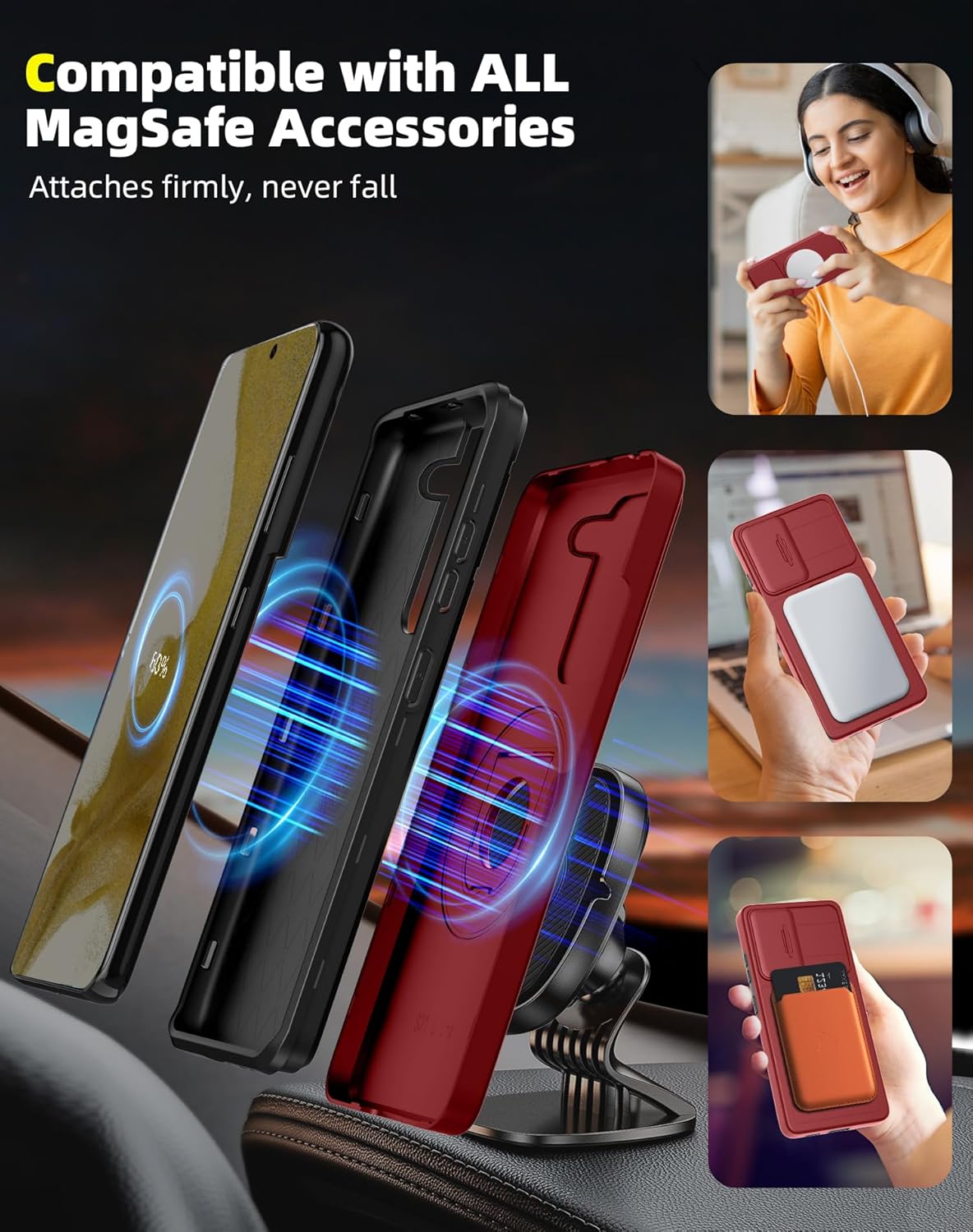for Samsung Galaxy S22 Plus Case Magnetic Compatible with MagSafe Wireless Charging,with Screen Protector,for S22+Plus Case with Stand Ring+Camera Cover Shockproof Heavy Duty Protection Red