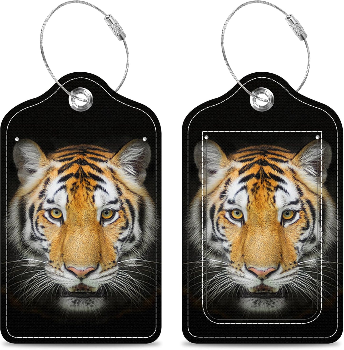 Set of 2 Luggage Tags Tiger Face Leather Suitcases Tag with Privacy Cover Stainless Steel Loop and Address Card for Women Men Travel