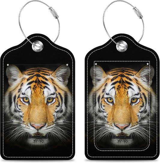Set of 2 Luggage Tags Tiger Face Leather Suitcases Tag with Privacy Cover Stainless Steel Loop and Address Card for Women Men Travel