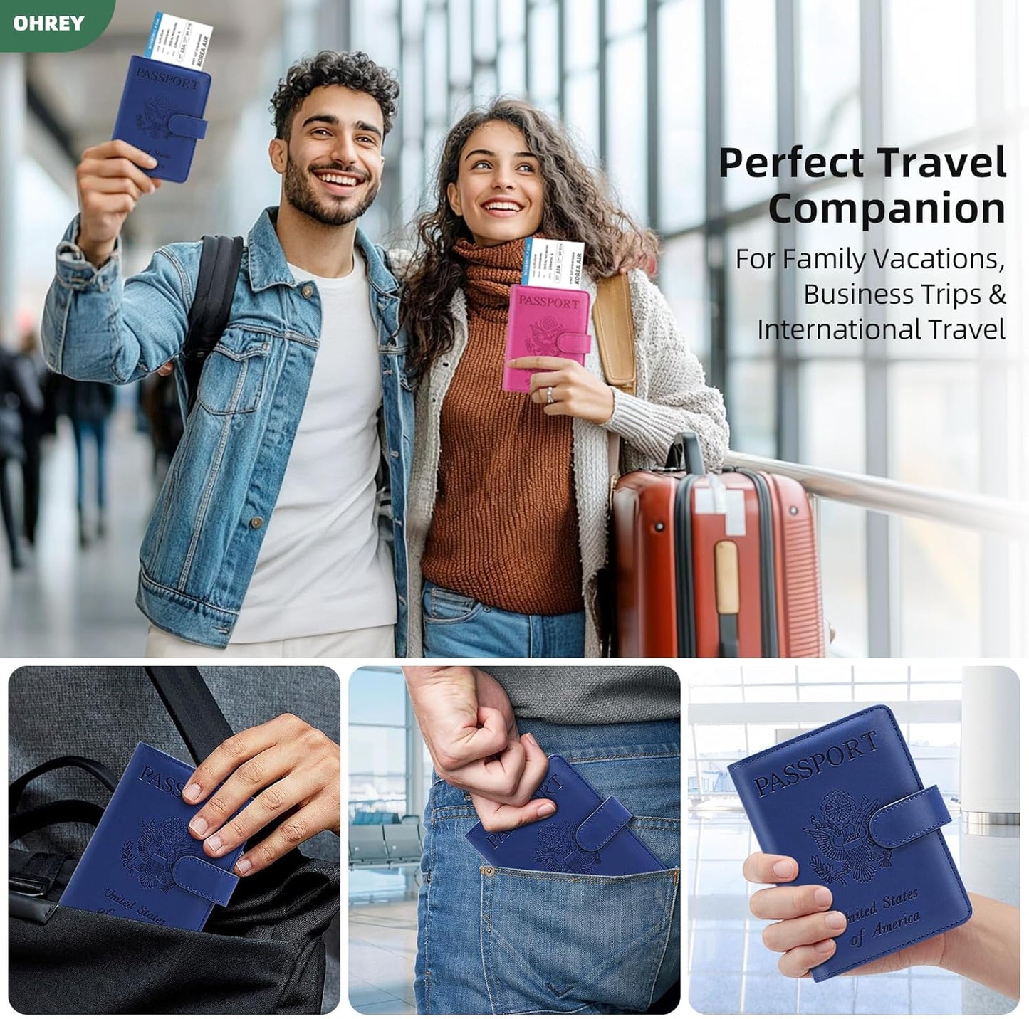 Passport Holder for Travel with Luggage Tag Cover – RFID Blocking Passport Wallet for Women & Men | PU Leather Passport Cover/Passport Case with Extra Money Pocket & Magnetic Clasp – Blue