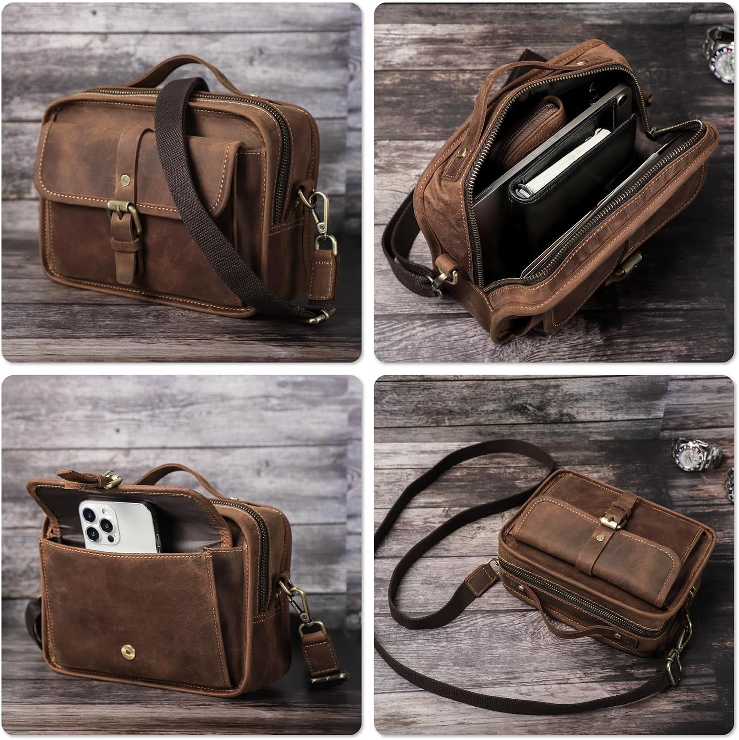Top Grain Leather 8.3" Messenger Bag for Man & Woman, Multi Pockets, Fits to 7.9"/8.3" iPad for