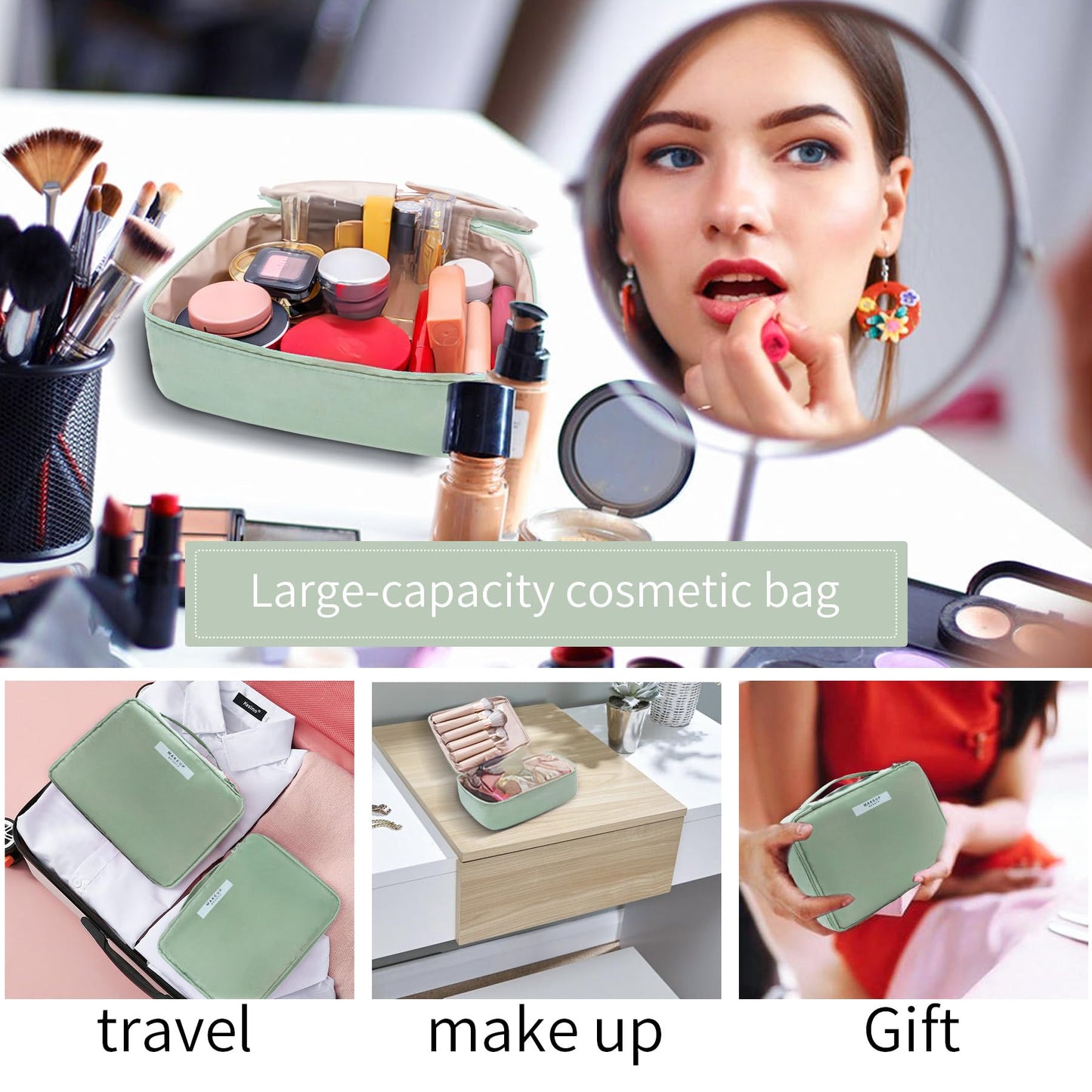 Queboom Travel Makeup Bag Cosmetic Bag Toiletry Bag for Women & Men, Green