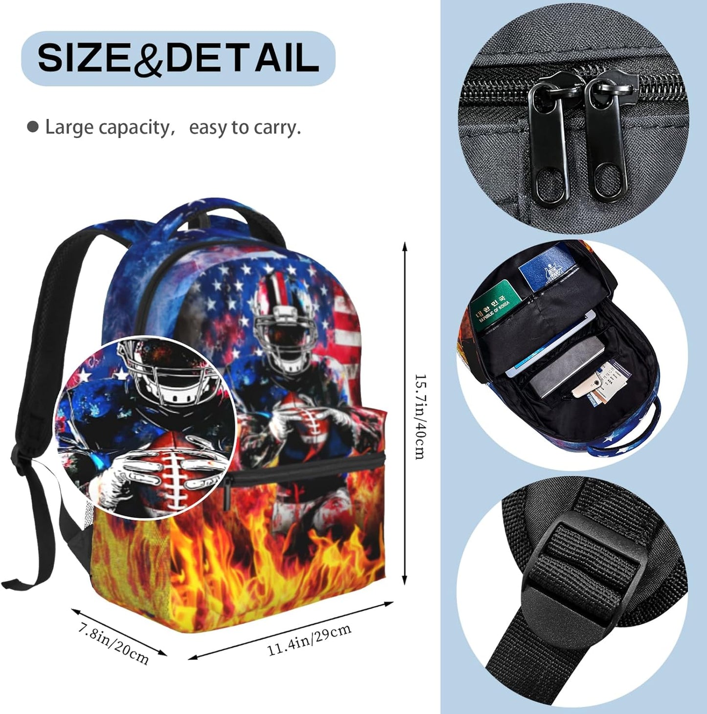 American Flag Football Print Backpack Sports Theme Boys Backpack School Bag Computer Backpacks Book Bag Travel Hiking Camping Gym Daypack Backpack for Kids Boys 8-12