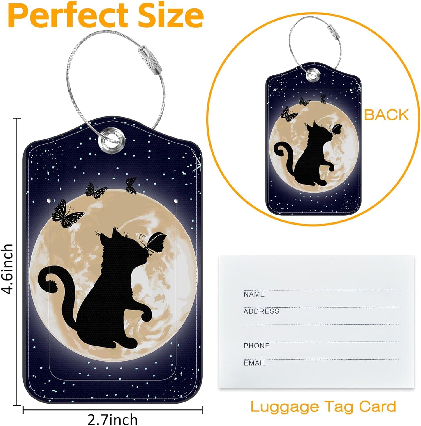 3 Pack Luggage Tags for suitcases Black Cat Under The Night Sky Leather Luggage Tag, Identifiers with Privacy Name ID Label and Metal Loop for Men Women Travel Bag Suitcase