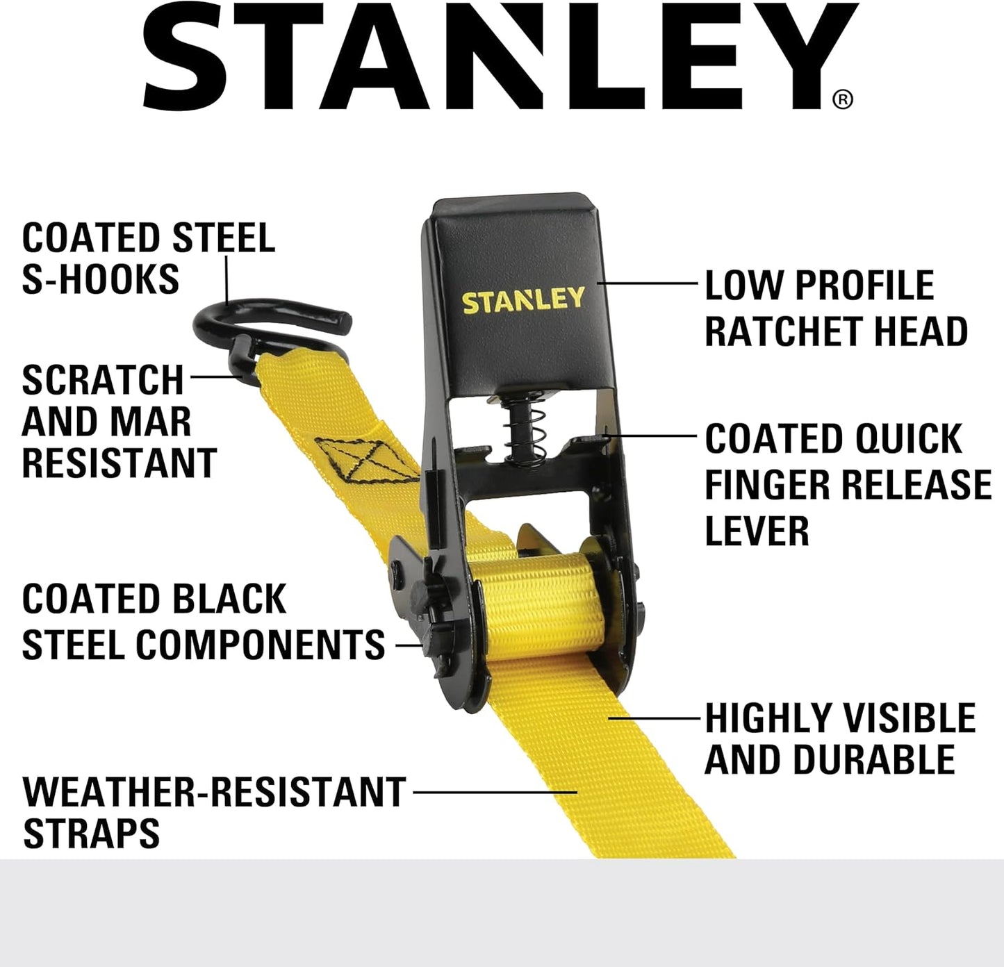 STANLEY S9500 Black/Yellow 1" x 10' Ratchet Straps - Light Cargo (300 lb Working Load / 900 lb Break Strength), 4 Pack