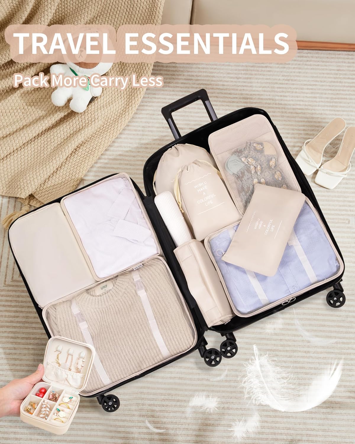 Packing Cubes 11 Set, Suitcase Organizers, Luggage Organizer Bags, with Toiletry Bag, Travel Essentials, Beige, Cream