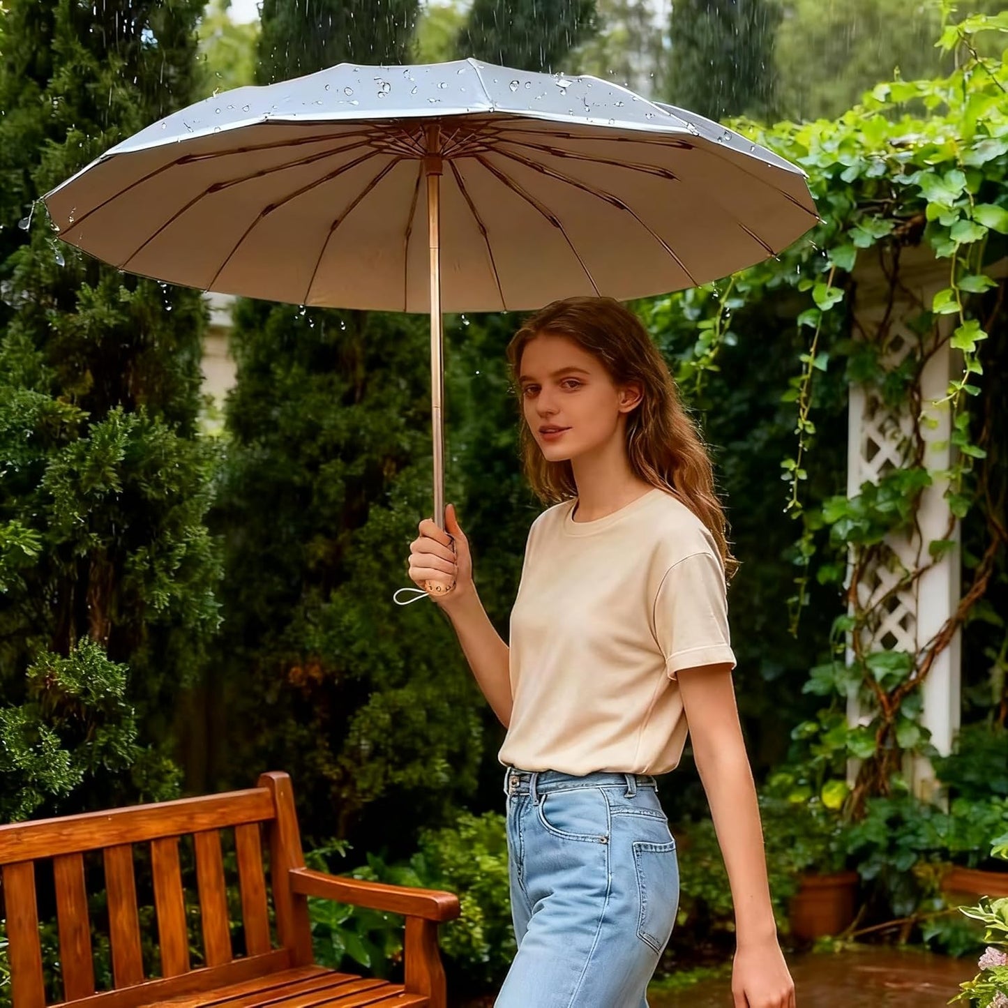Folding umbrellas for rain and sun UPF 50+ UV Protection Windproof waterproofing and Strong Travel Essentials for Men Women 16 Ribs Wooden Handle Yellow Umbrella