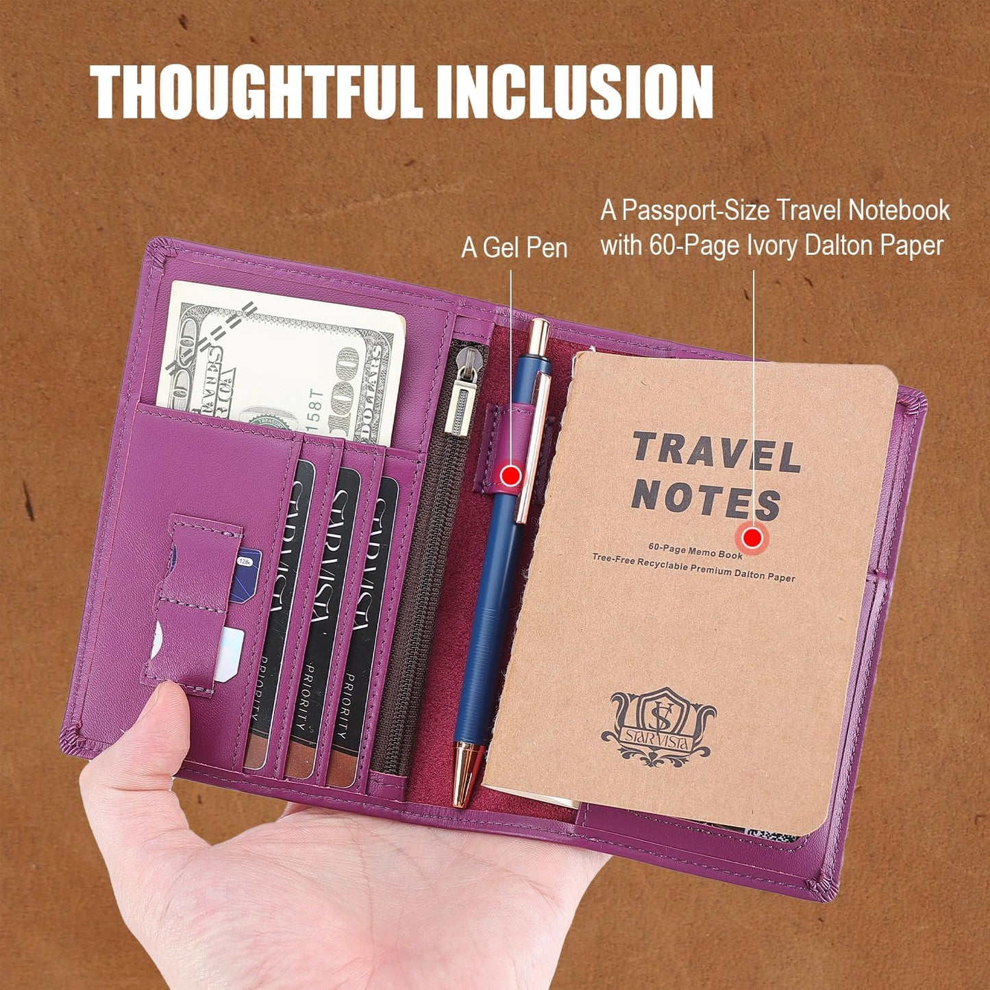 STAR VISTA Phoenix Leather Passport Holder, Calfskin Leather Travel Wallet - RFID Blocking, ID Window, Zipper Pocket, Pen & Notebook Included, AirTag Holder, Violet