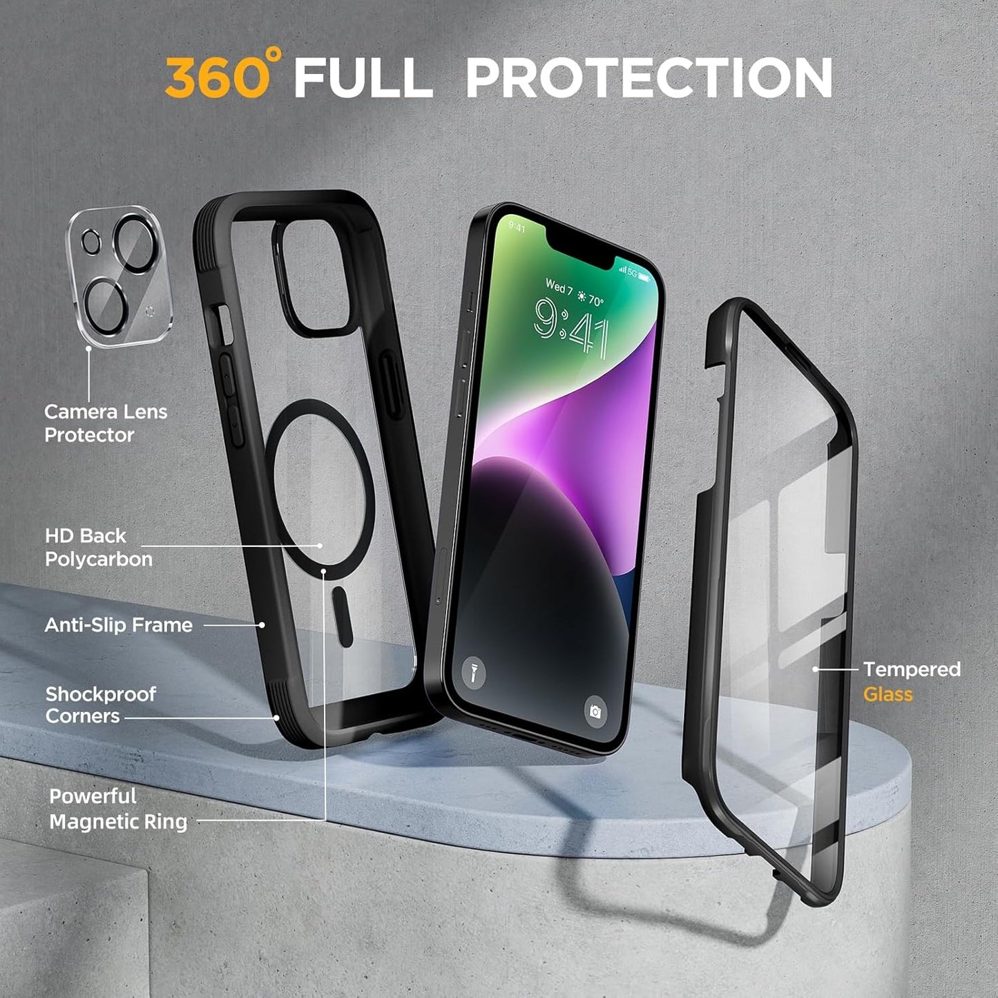 Miracase Magnetic for iPhone 14 Case 6.1",Full-Body Bumper, [Bubble Free] Built-in Tempered Glass Screen Protector+Lens Protector,Compatible with MagSafe,No Gap,Drop Proof Phone Case 14 Cover,Black