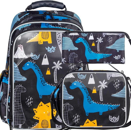 gxtvo 3PCS Dinosaur Backpack Boys, 16" Kids Preschool Elementary Dino Bookbag with Lunch Box