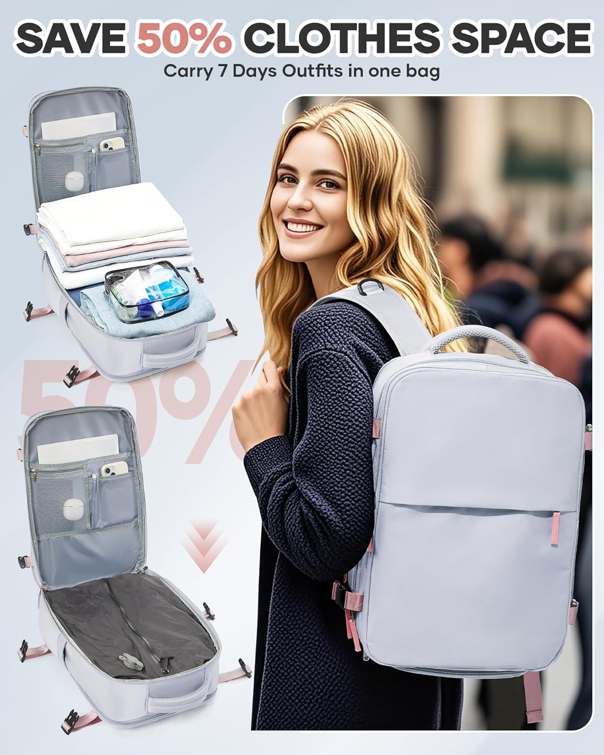 Vacuum Seal Travel Backpack with Air Pump,Compression Vacpack Waterproof Carry On Backpack for Travel Women Men with Vacuum System,Airlines Approved Daypack Laptop Space Saver Bags,Grey