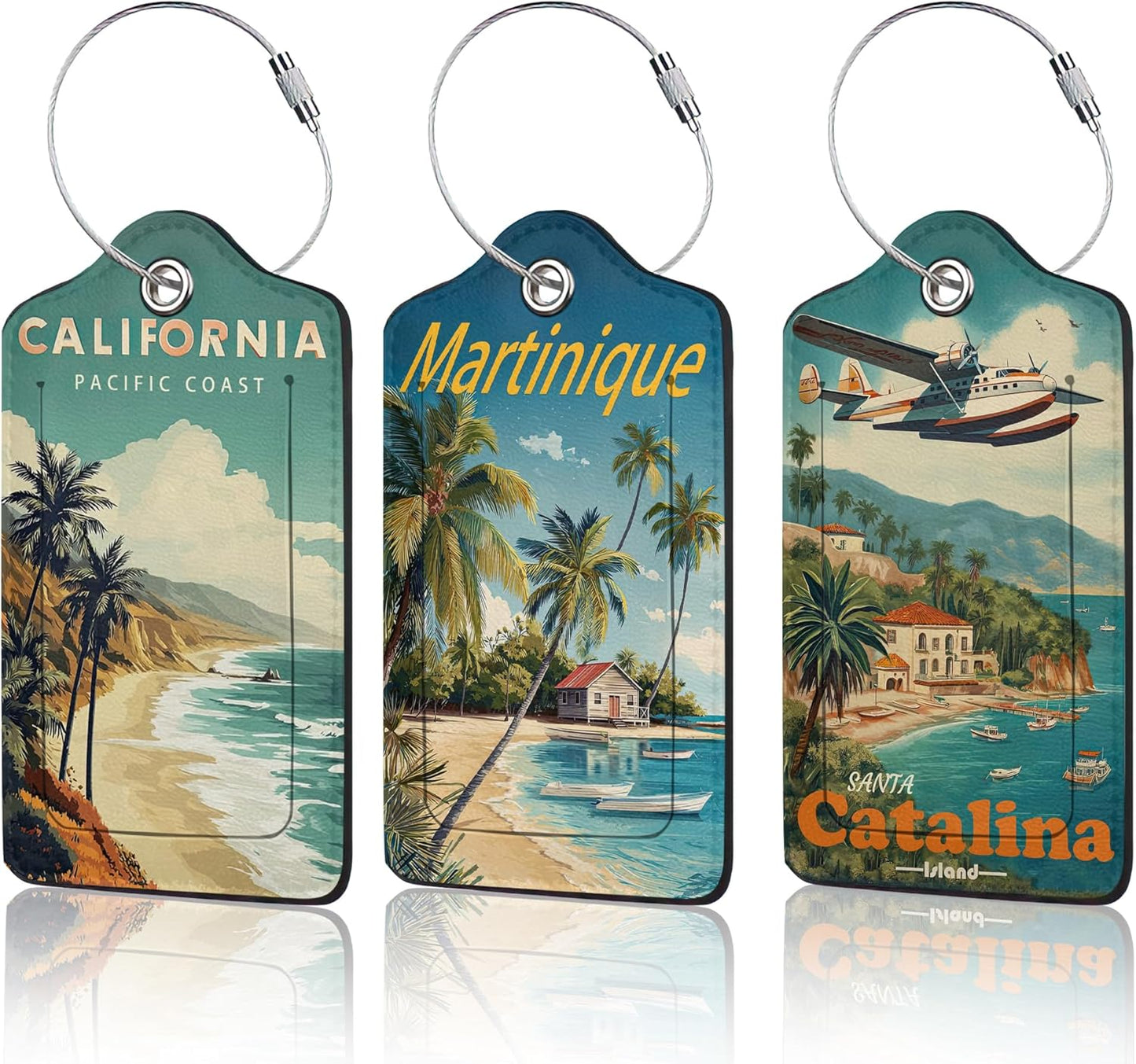 3 Pack Beach Tree Palm Luggage Tags for Suitcases, Cute Leather Name Tag with Privacy Cover with Stainless Steel Loops, Travel ID Bag Tags for Women Men