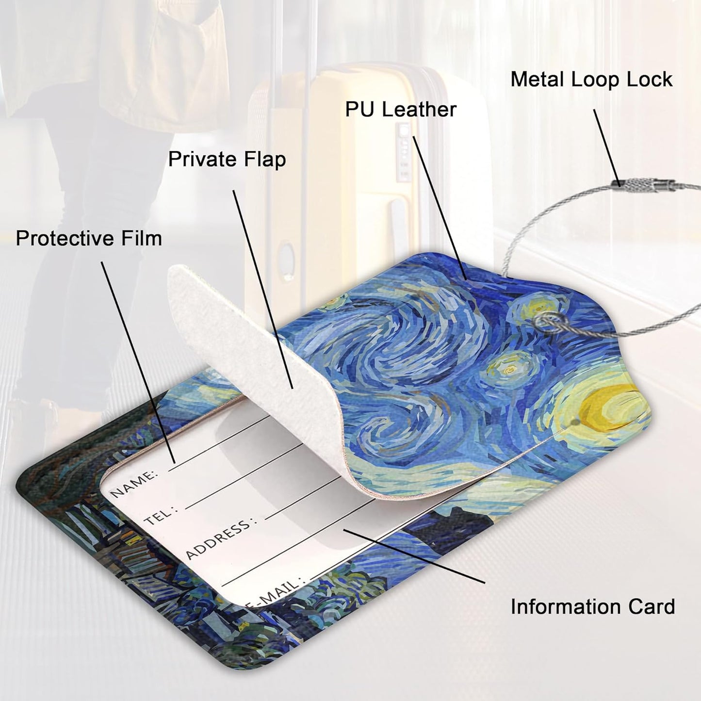 Van Gogh Starry Night Luggage Tags Set of 2 Leather Luggage Tags Privacy Cover Suitcase Label with Stainless Steel Loop for Women/Men Travel