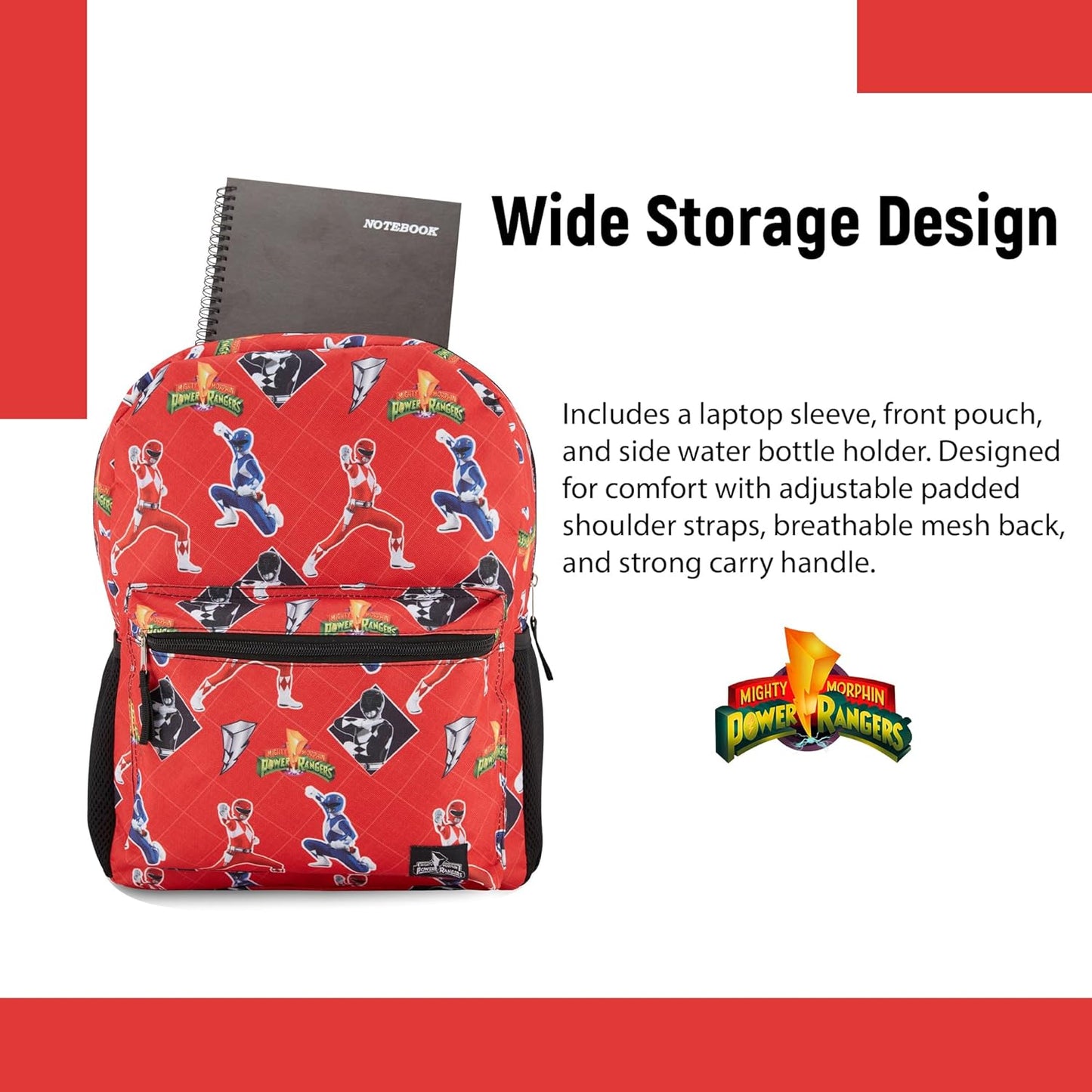 Power Rangers Classic Allover Backpack - Red, Pink, Black, Green Yellow and Green Ranger - Official