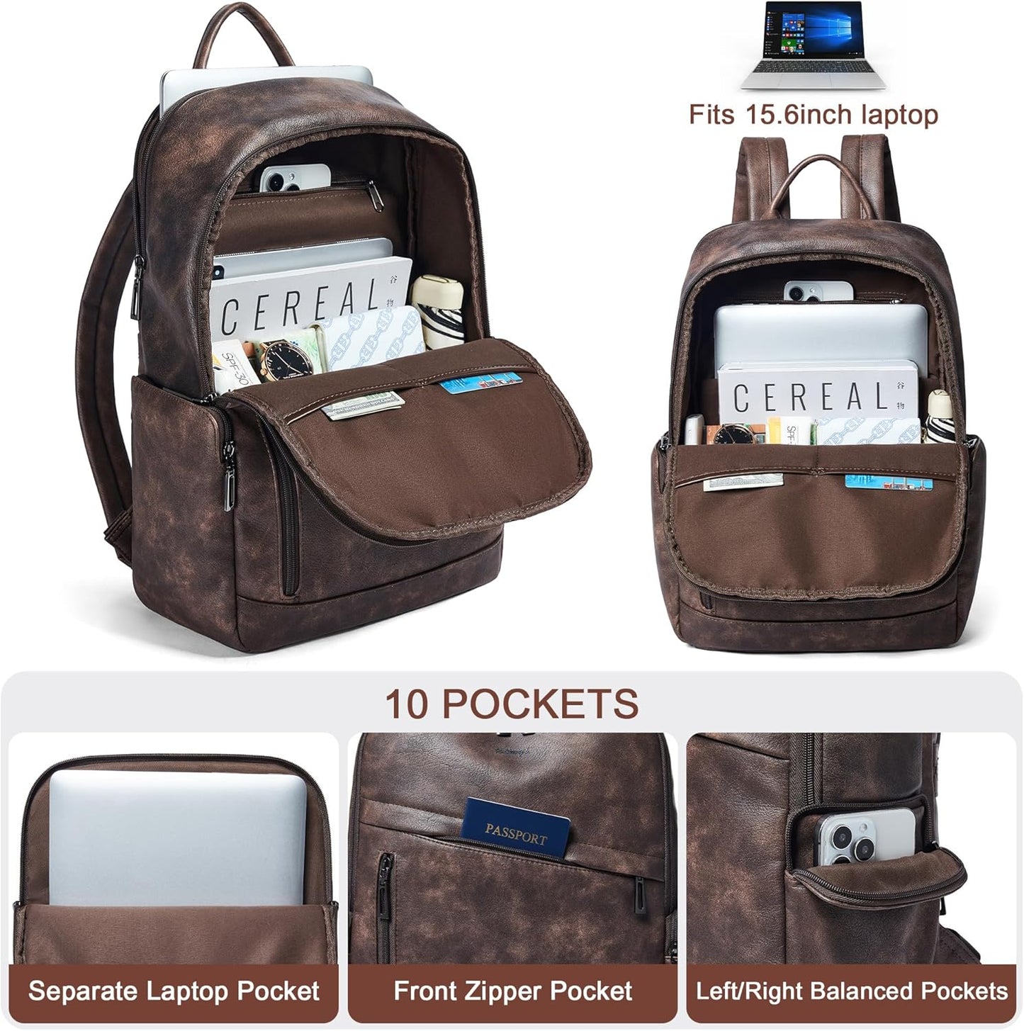 Computer Backpack for Women Soft Leather Back pack with 15.6 inch Laptop Compartment, Fashion Ladies Travel Backpack, Coffee