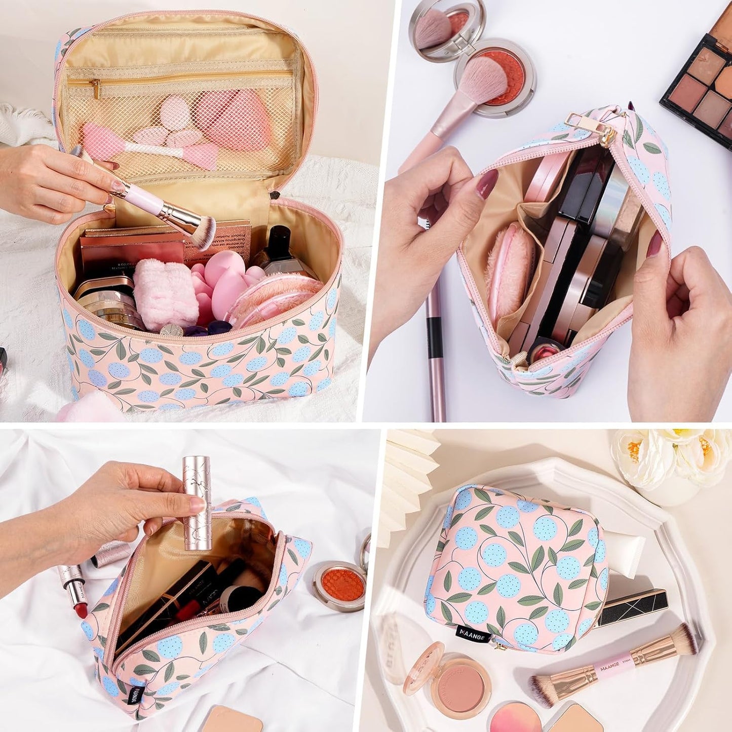 MAANGE 4PCS Makeup Bag for Women, Cosmetic Bag Set, Portable Large Travel Makeup Bag, Bolsa de Maquillaje, Impermeable Oxford Cloth Make Up Organizer with Gold Zipper(Pink Plants)