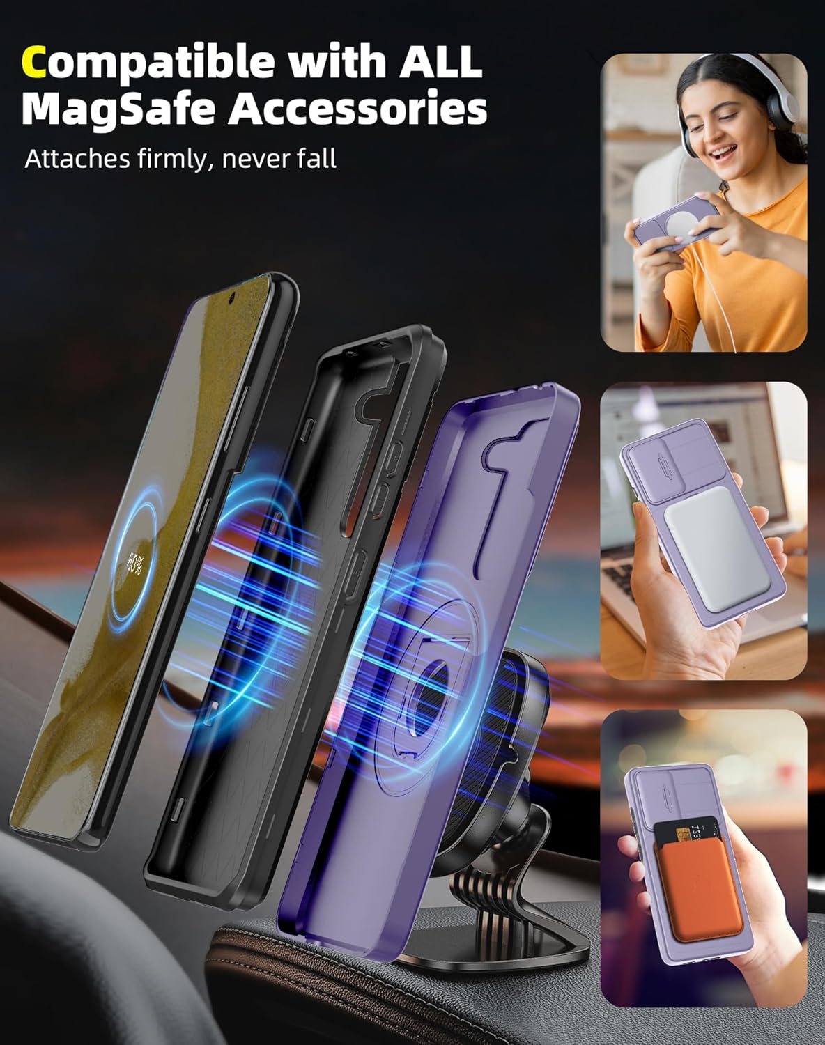 for Samsung Galaxy S22 Case Magnetic Compatible with MagSafe Wireless Charging,with Screen Protector,Built-in Kickstand Ring+Camera Cover Anti-Scratch Shockproof Heavy Duty Protection Purple