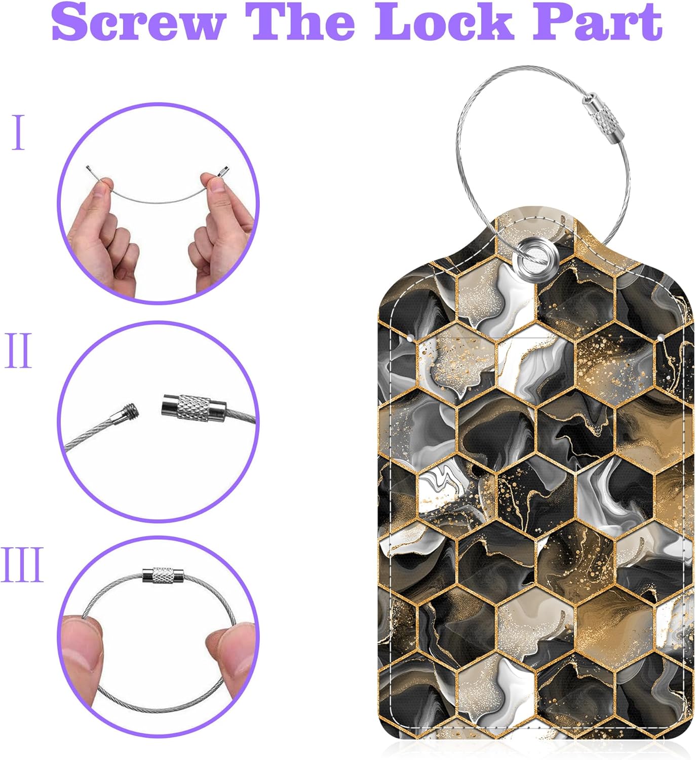 Gold Ink Hexagon Texture Luggage Tags 2PCS PU Leather Suitcases Tag with Stainless Steel Loop and
