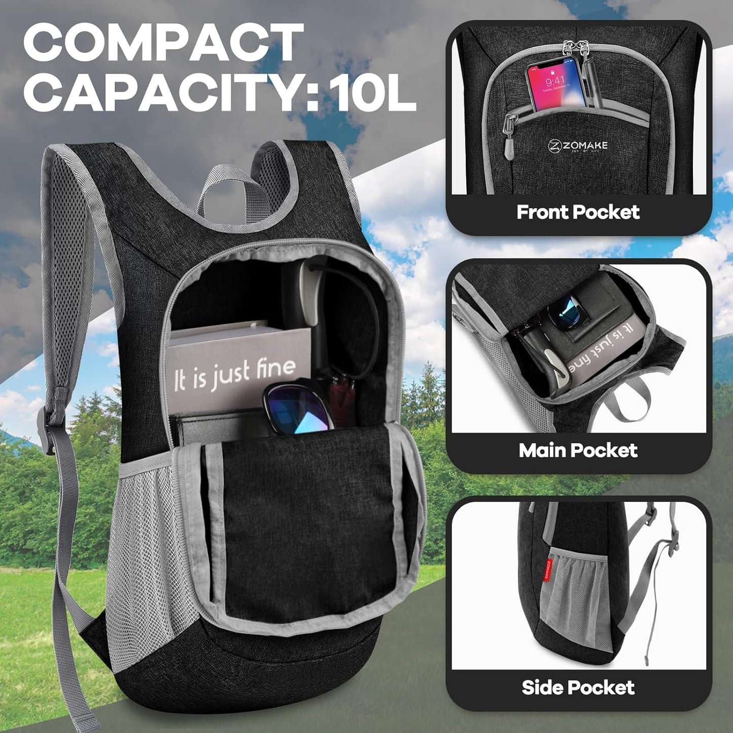 ZOMAKE Ultra Lightweight Packable Backpack 10L,Small Foldable Backpacks Hiking Water Resistant Collapsible Daypack for Women Men(Black-A1)