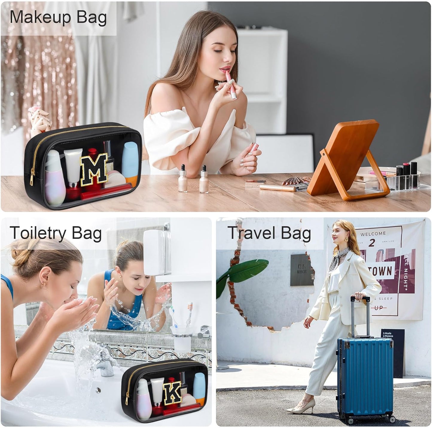 YOOLIFE Travel Toiletry Bag for Women, Black Clear Makeup Bag Cute Make Up Bag for Women Cosmetic