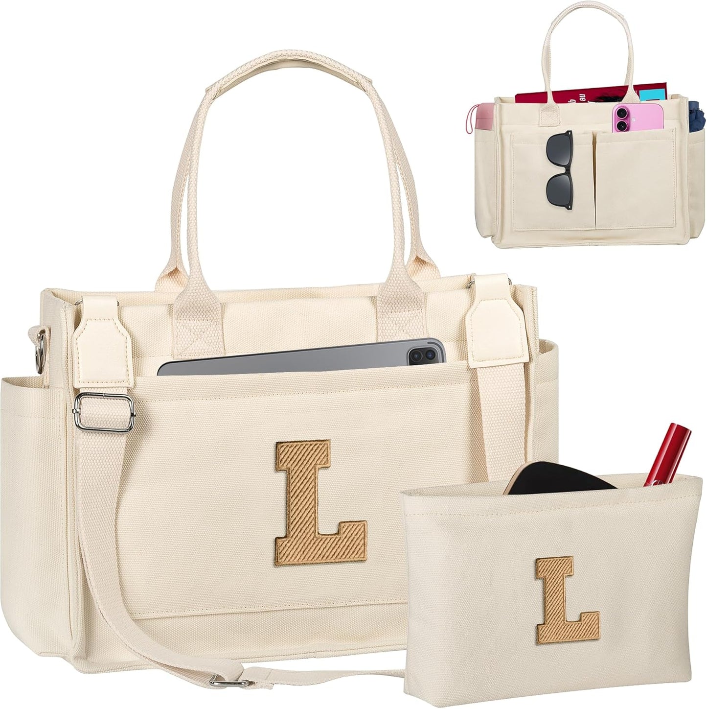 Gifts for Women Teen Girls, Initial Tote Bag with Zipper, Letter Canvas Tote Purse for College Work Laptop Beach