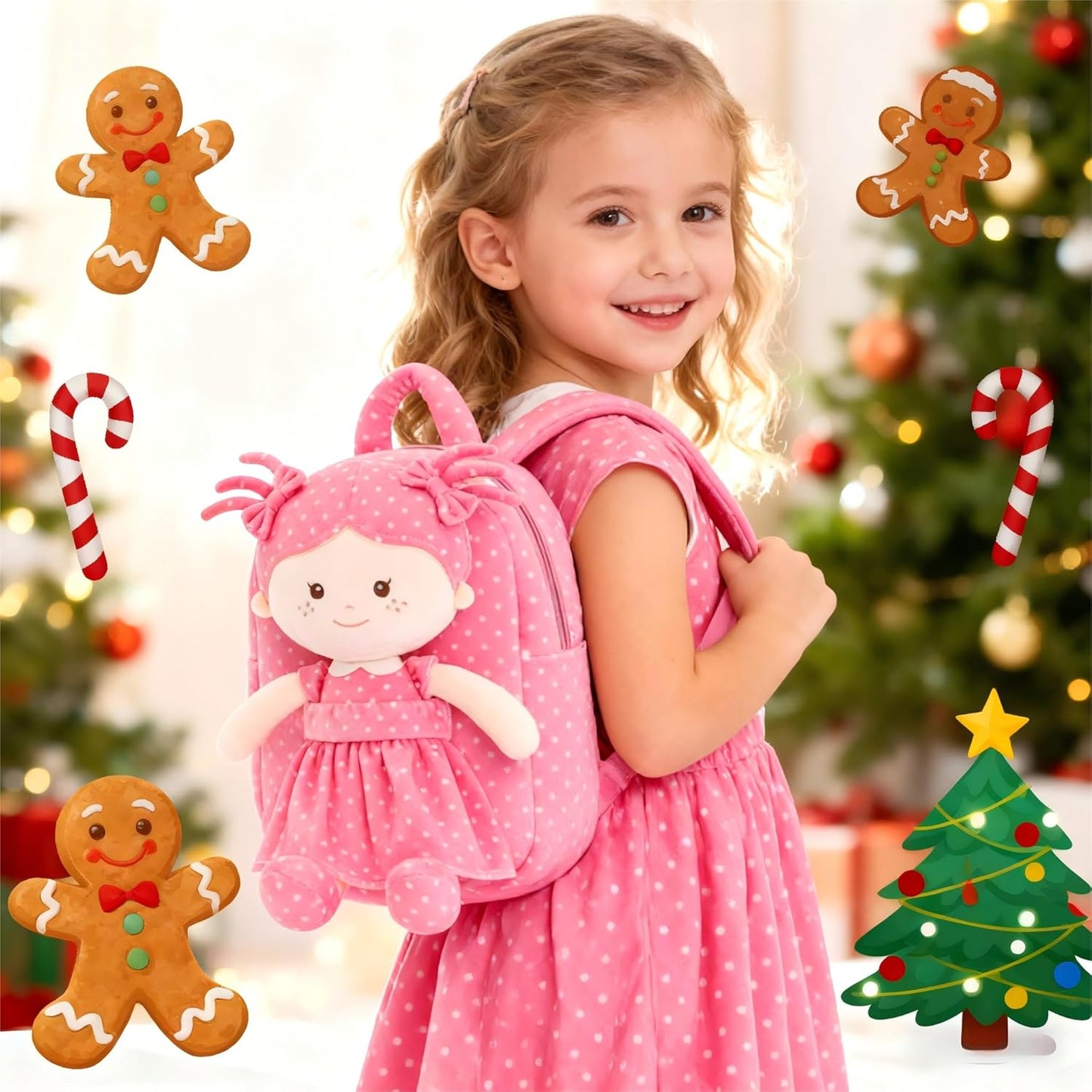 Onetoo Toddler Backpack Back to School Gifts for Girls Kids Backpacks with Soft Light Baby Dolls in Rose Red Polka Dots Dress 9"