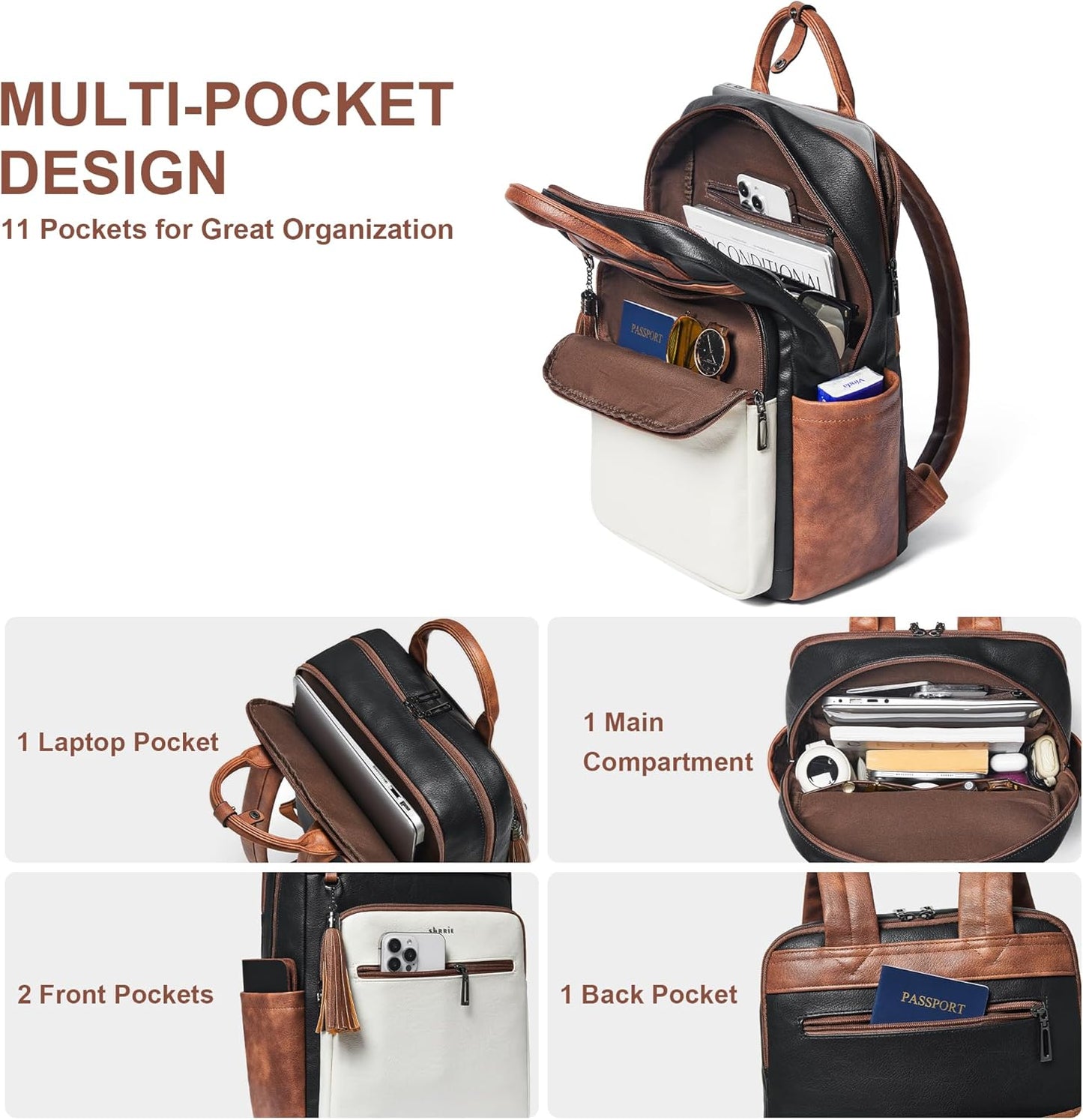 Shrrie Laptop Backpack for Women 15.6 inch Travel Leather Backpack Purse Work Computer Backpacks