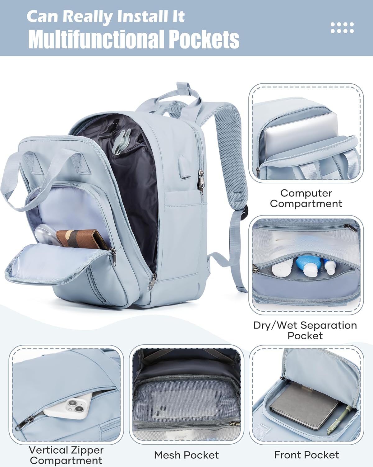 Vacuum Travel Backpack with Pump,Personal Item Carry on Backpacks Flight Approved 18x14x8 inches Women,Laptop Waterproof Work Compression bags hiking Casual Daypack blue