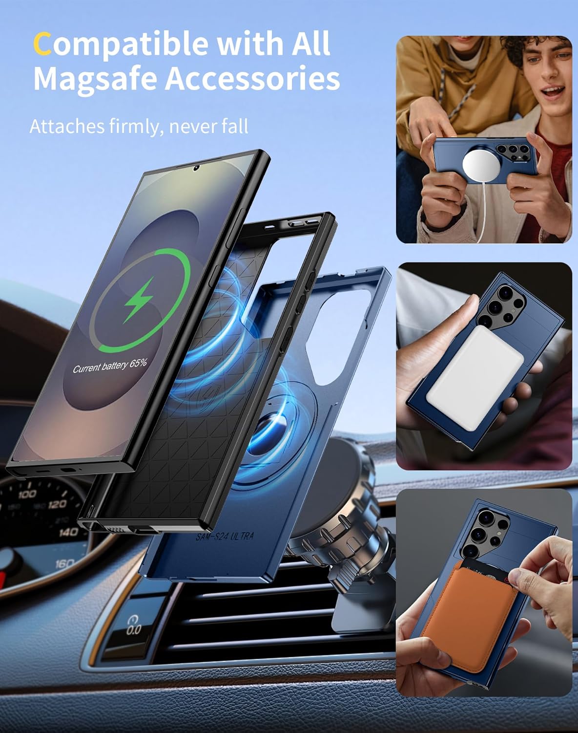 for Samsung Galaxy S25 Ultra Case Magnetic Compatible with MagSafe Wireless Charging,with 1 Screen Protector,Built-in 360° Kickstand Ring Anti-Scratch Shockproof Heavy Duty Protection Blue