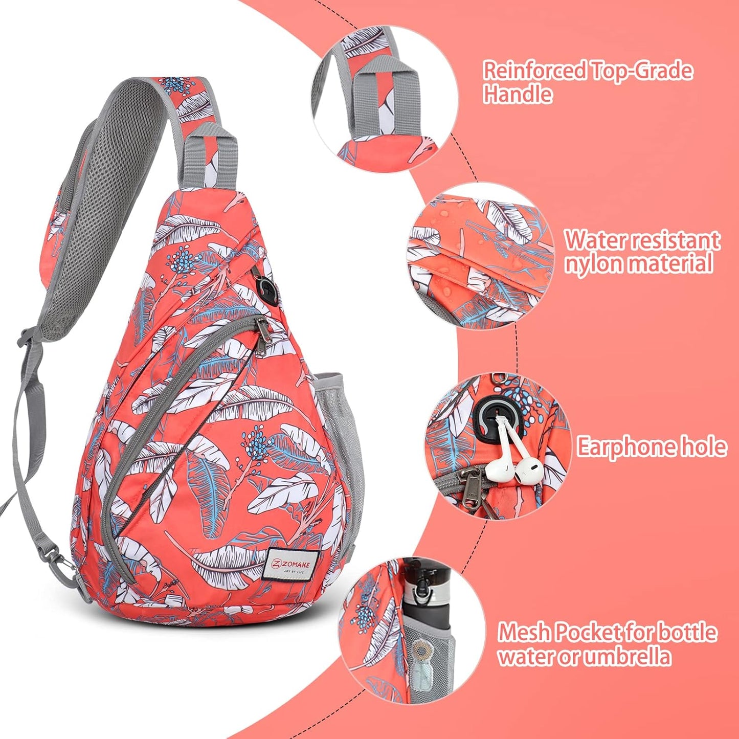 ZOMAKE Sling Bag,Small Crossbody Sling Backpack,Water Resistant Shoulder Daypack for Travel,Anti Thief Chest Bag for Hiking(Orange White Leaf)