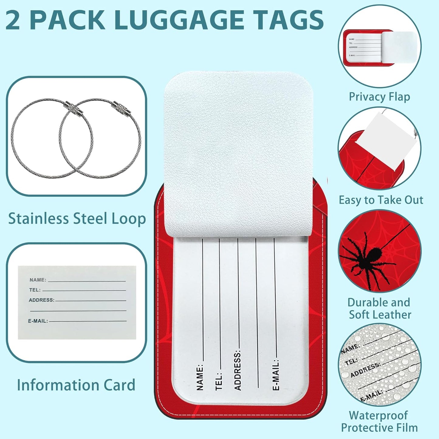 2 Pack Cute Luggage Tag for Suitcases Spider on Spider Web Leather Luggage Tags with Stainless Steel Loop Privacy Flap Name Tags,Men and Women Travel Bag Suitcase Tags