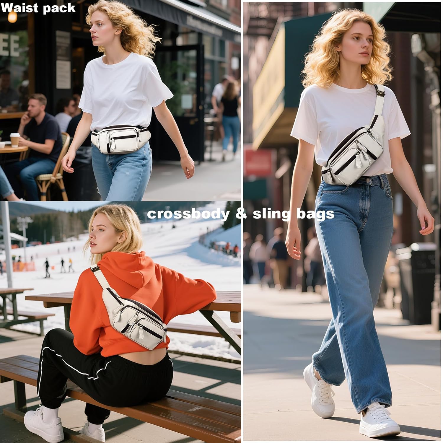 Genuine Leather Fanny Pack large capacity Crossbody Waist Bag with Zipper phone Pockets white