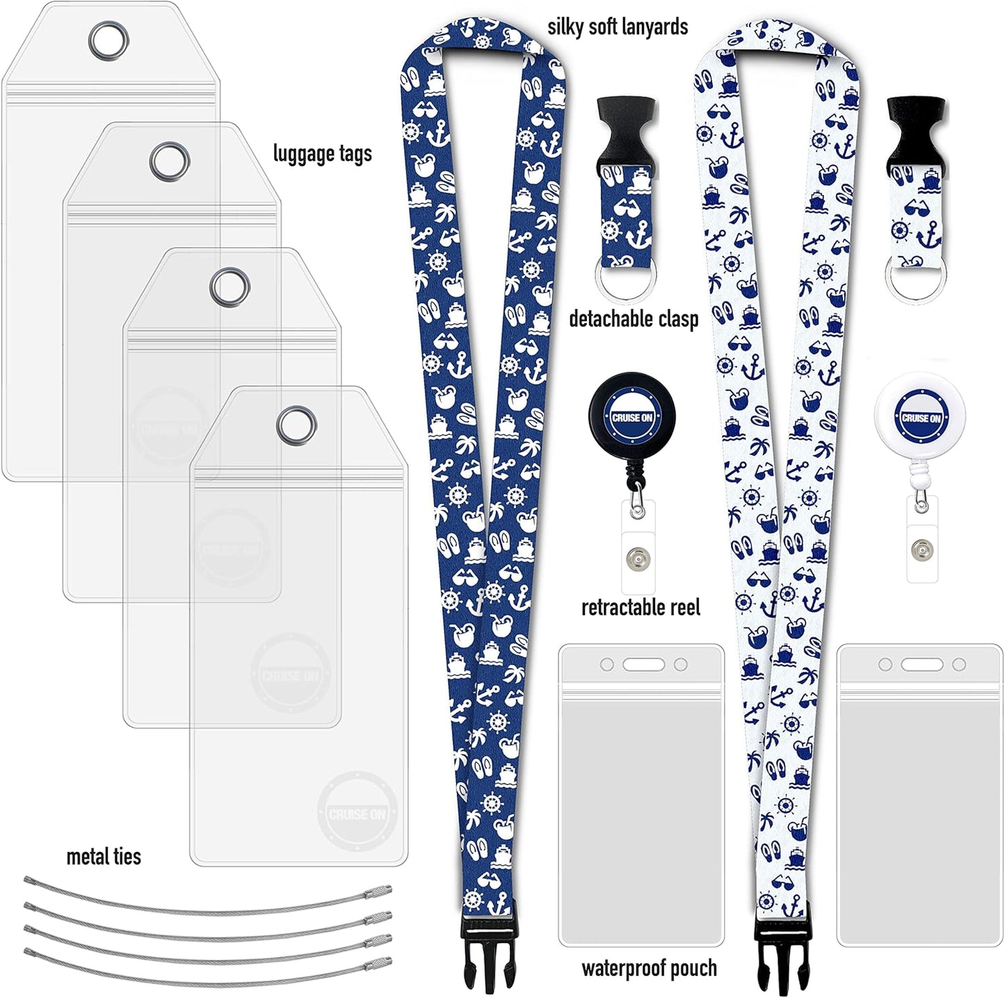 Carnival Cruise Luggage Tag Holders (4 Pack) & Lanyards (2 Pack), Large, Clear & Waterproof, Cruise Essentials 2025-2026 for Ship Cards & Baggage – Durable Travel Accessories (Blue and White)