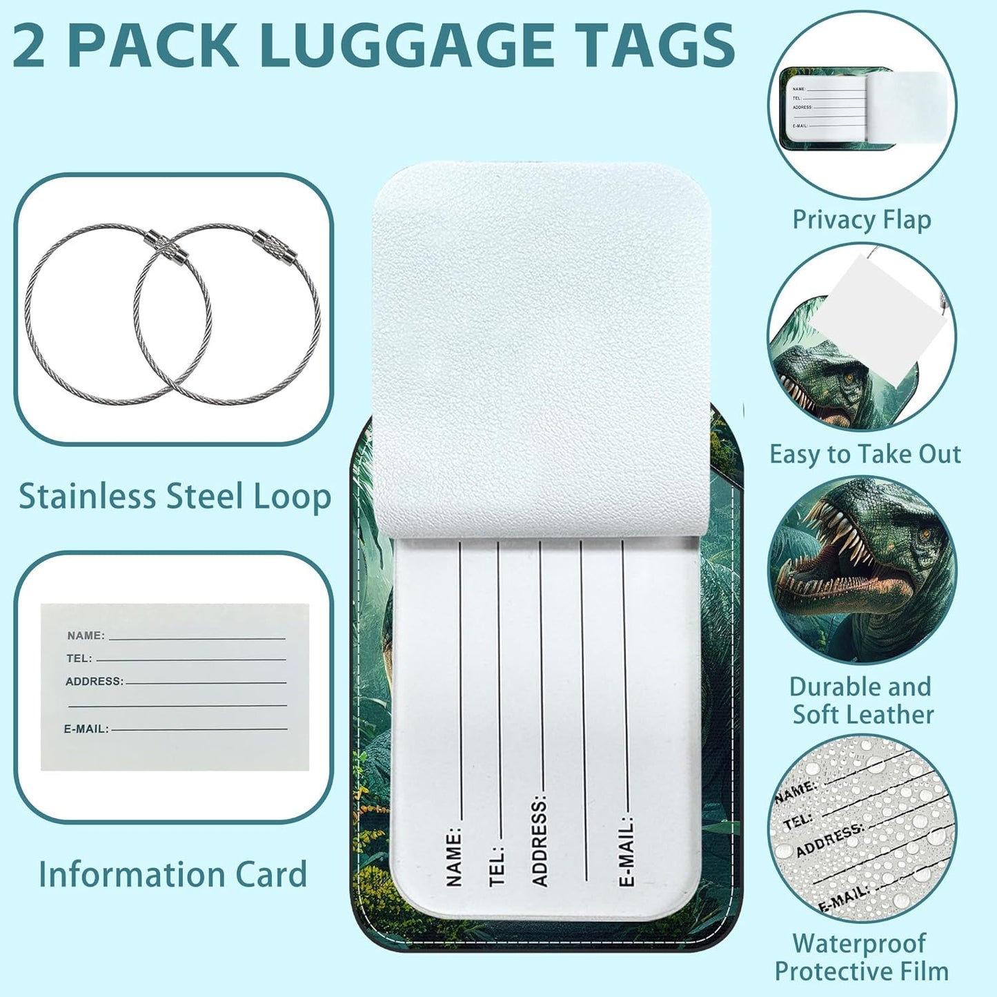 2 Pack Cute Luggage Tag for Suitcases Dinosaur in The Forest Leather Luggage Tags with Stainless Steel Loop Privacy Flap Name Tags,Men and Women Travel Bag Suitcase Tags