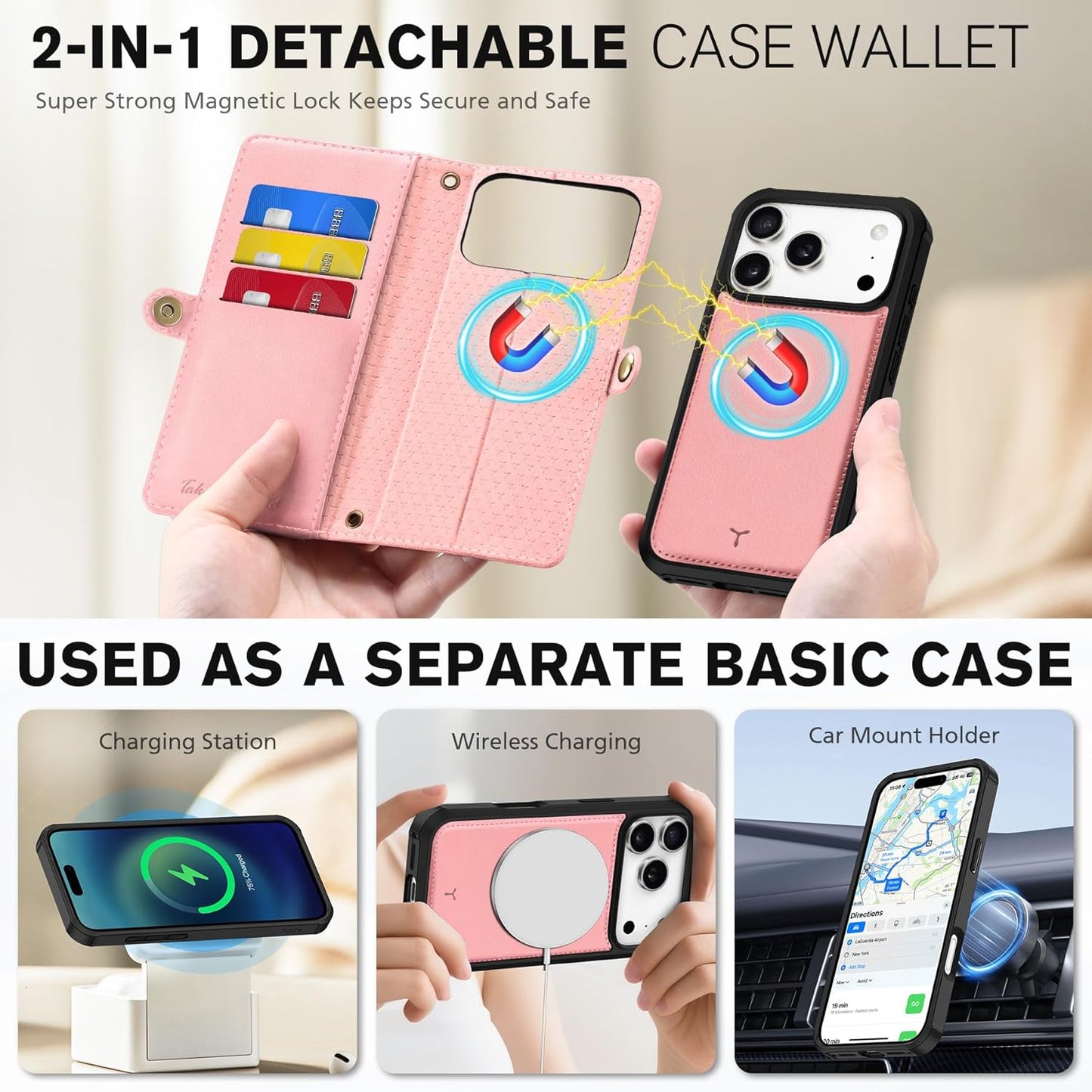 TUCCH Detachable Crossbody Wallet Case for iPhone 17 Pro 6.3", 9 Card Slots RFID Blocking | Stand | Lanyard Wrist Strap | Wireless Charging | Zipper Pocket | PU Leather Magnetic Flip Cover | Rose Gold