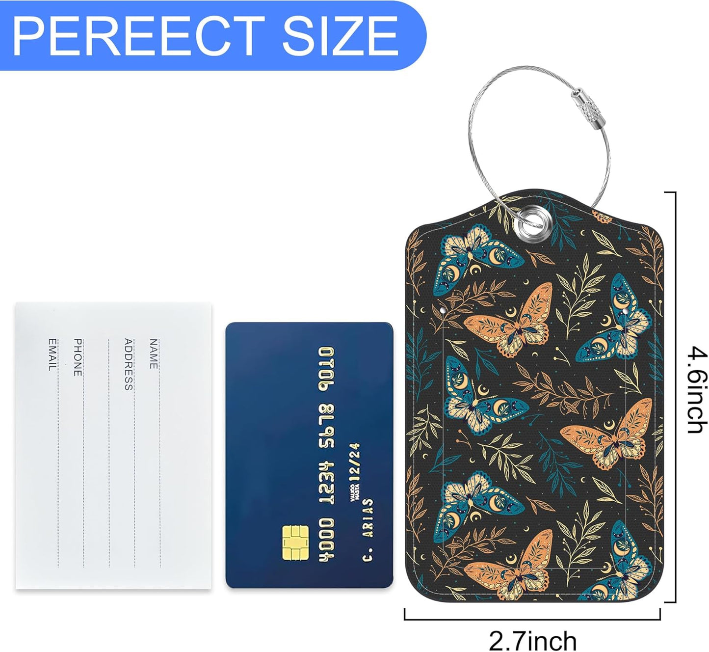 2 PCS Elegant Herbs Stars Butterflies Luggage Tag for Suitcase Boho Magic Herbs Butterflies Leather Suitcase Tags with Name Address Card Label Privacy Cover and Stainless Steel Loop for Women Men