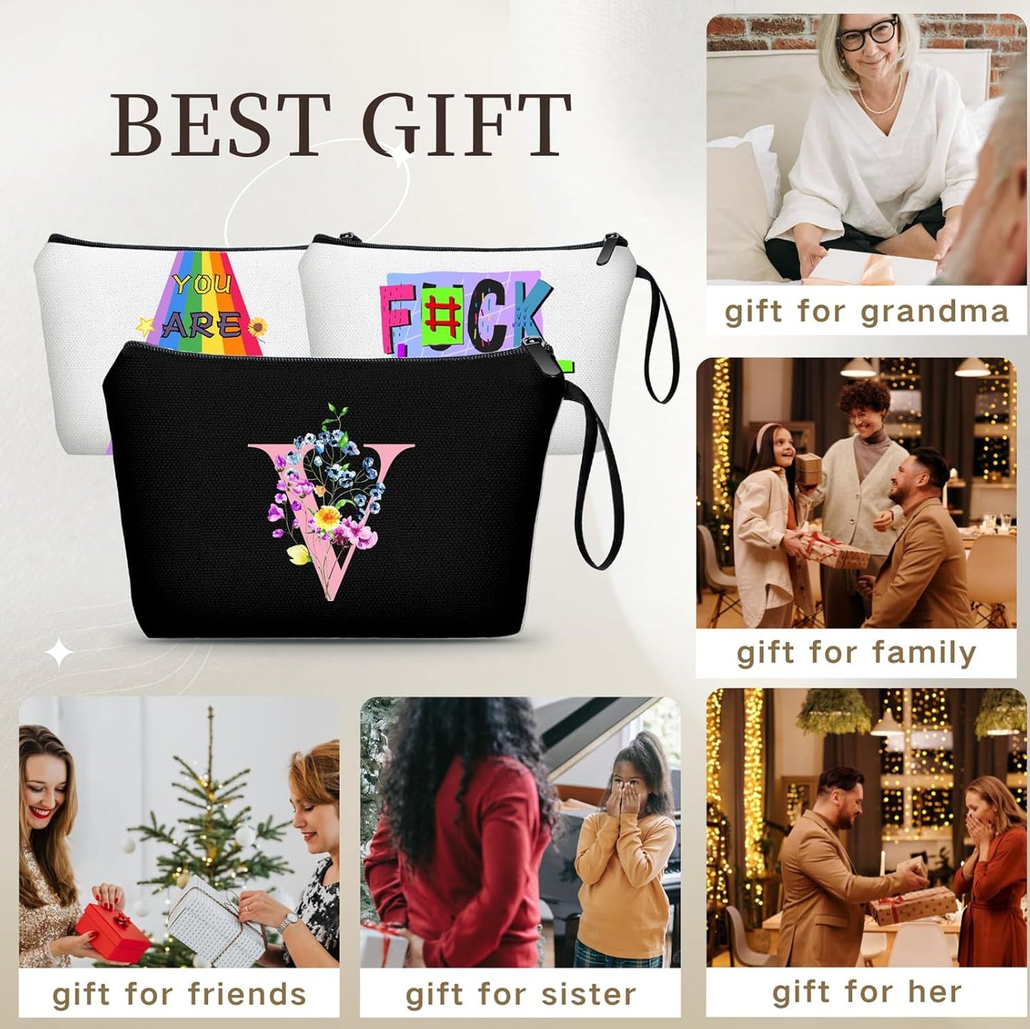 Mom Birthday Thank You Appreciation Gifts for Women Aunt Teacher Coworkers Bride Bridesmaid Monogrammed Travel Makeup Cosmetic Bag with Mirror Valentines Mothers Day Christmas Graduation V