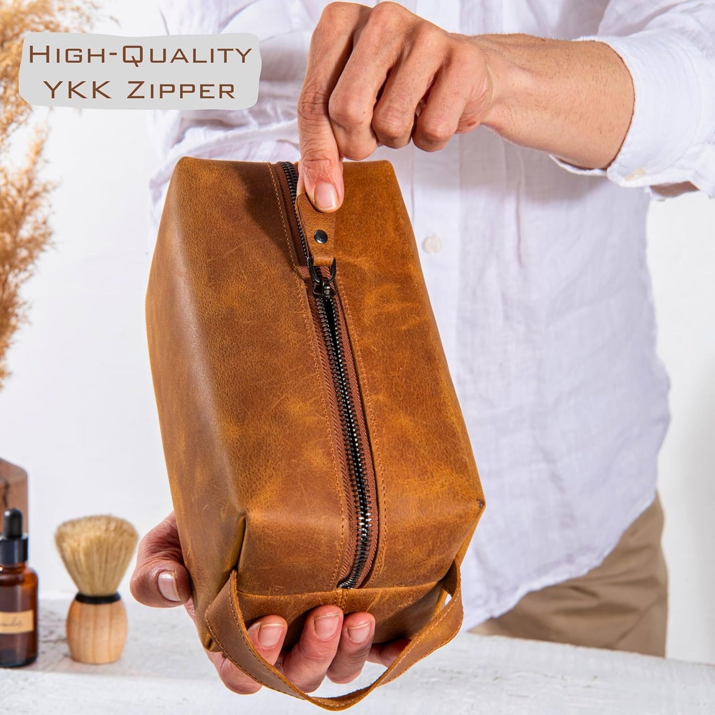 Personalized Leather Toiletry Bag for Men – Custom Engraved Shaving Dopp Kit with Name or Initial, Travel Gift for Groomsmen, Husband, Dad, Boyfriend, Birthday, Christmas, Anniversary, Gifts for Men