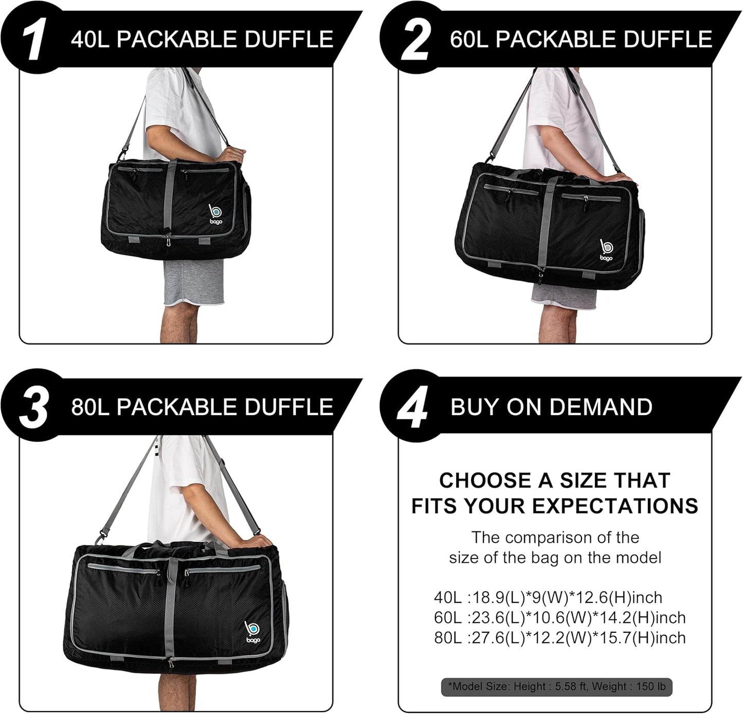 Bago Foldable Duffel Bags for Traveling Women & Men - 40L Sports Packable Duffle Bag for Travel with Shoe Compartment - Water Repellant, Heavy Duty, Lightweight Folding & Collapsible (SnowDepBlue)