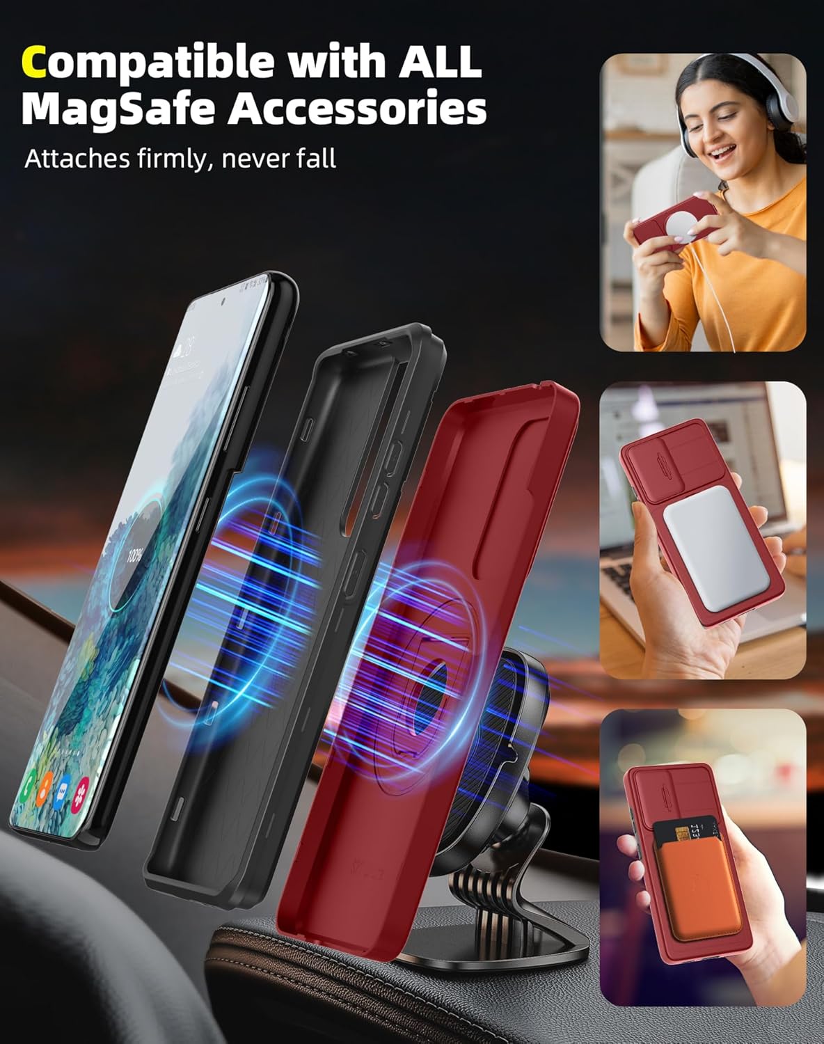 for Samsung Galaxy S20 FE Case Magnetic Compatible with MagSafe Wireless Charging,with 2 Screen Protectors,Built-in Stand Ring+Camera Cover Anti-Scratch Shockproof Heavy Duty Protection Red