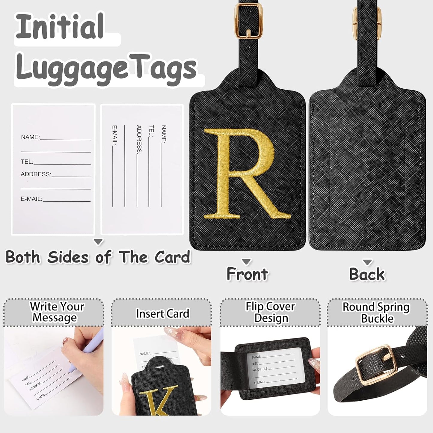 Personalized Initial Luggage Tags for Suitcases, Cute PU Leather Embroidered Letter Travel Luggage