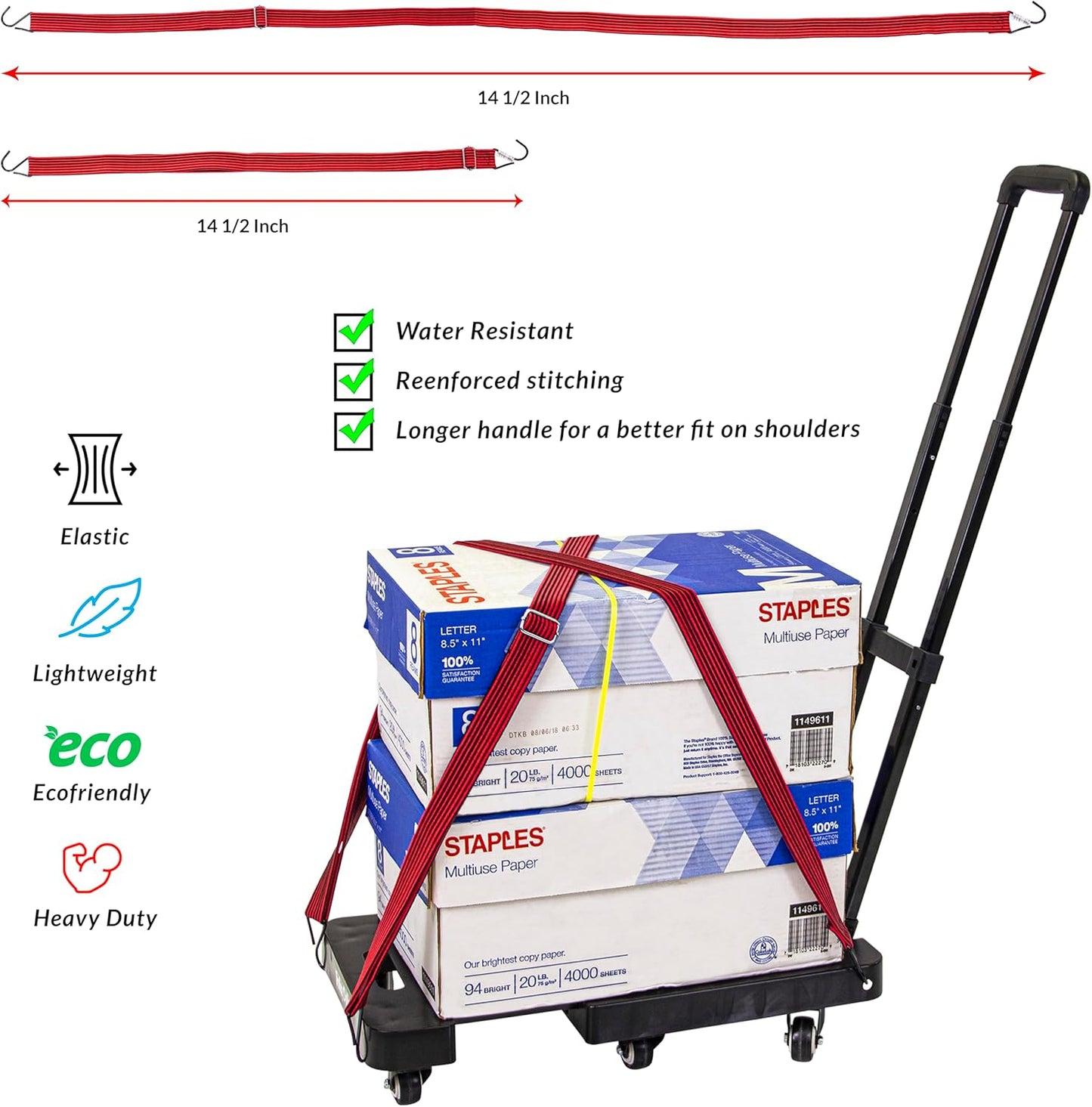 dbest products Trolley Dolly High-Tension Power Adjustable 63' Flat Bungee Cord 4 Pack with Hooks and Buckle Heavy Duty Elastic Strap Max Stretch Tie Downs Moving Outdoor