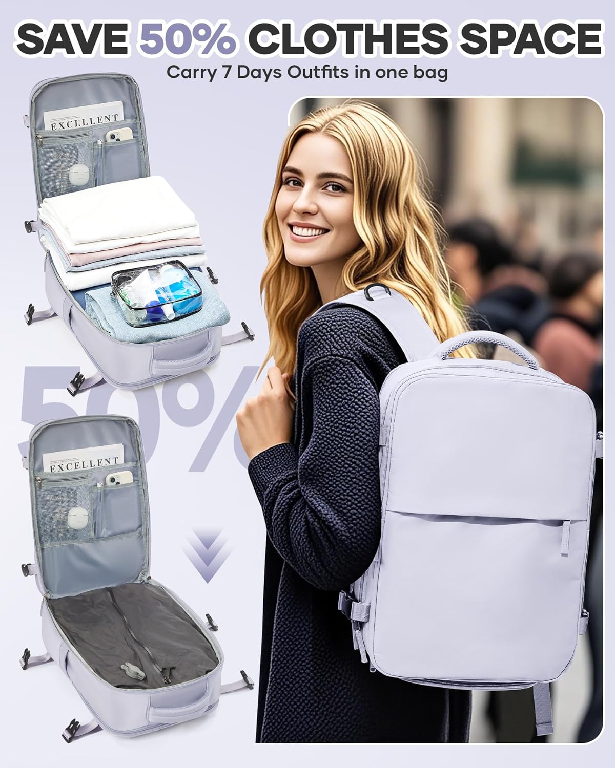 Vacuum Seal Travel Backpack with Air Pump,Compression Vacpack Waterproof Carry On Backpack for Travel Women Men with Vacuum System,Airlines Approved Daypack Laptop Space Saver Bags,Lilac