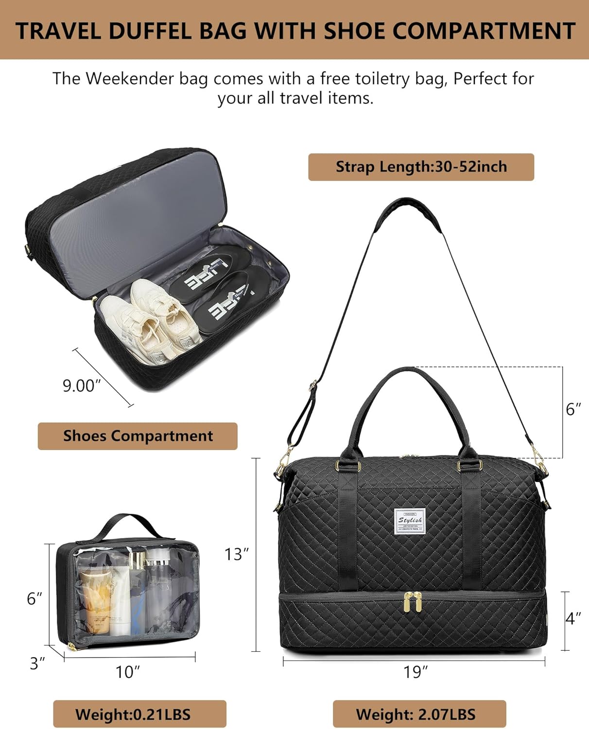 Women Weekender Travel Duffle Bags: Duffel Overnight Bag with Shoe Compartment Large Carry on Tote Bag Toiletry Bag Weekend Yoga Gym Bags with Wet Pocket Hospital Bags for Labor and Delivery Black